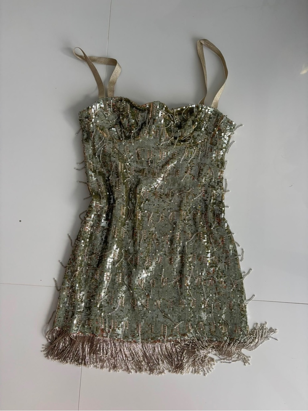 Alexis Metallic Sequin Fringe Mini Dress — Gold/Silver, Size M, NWT